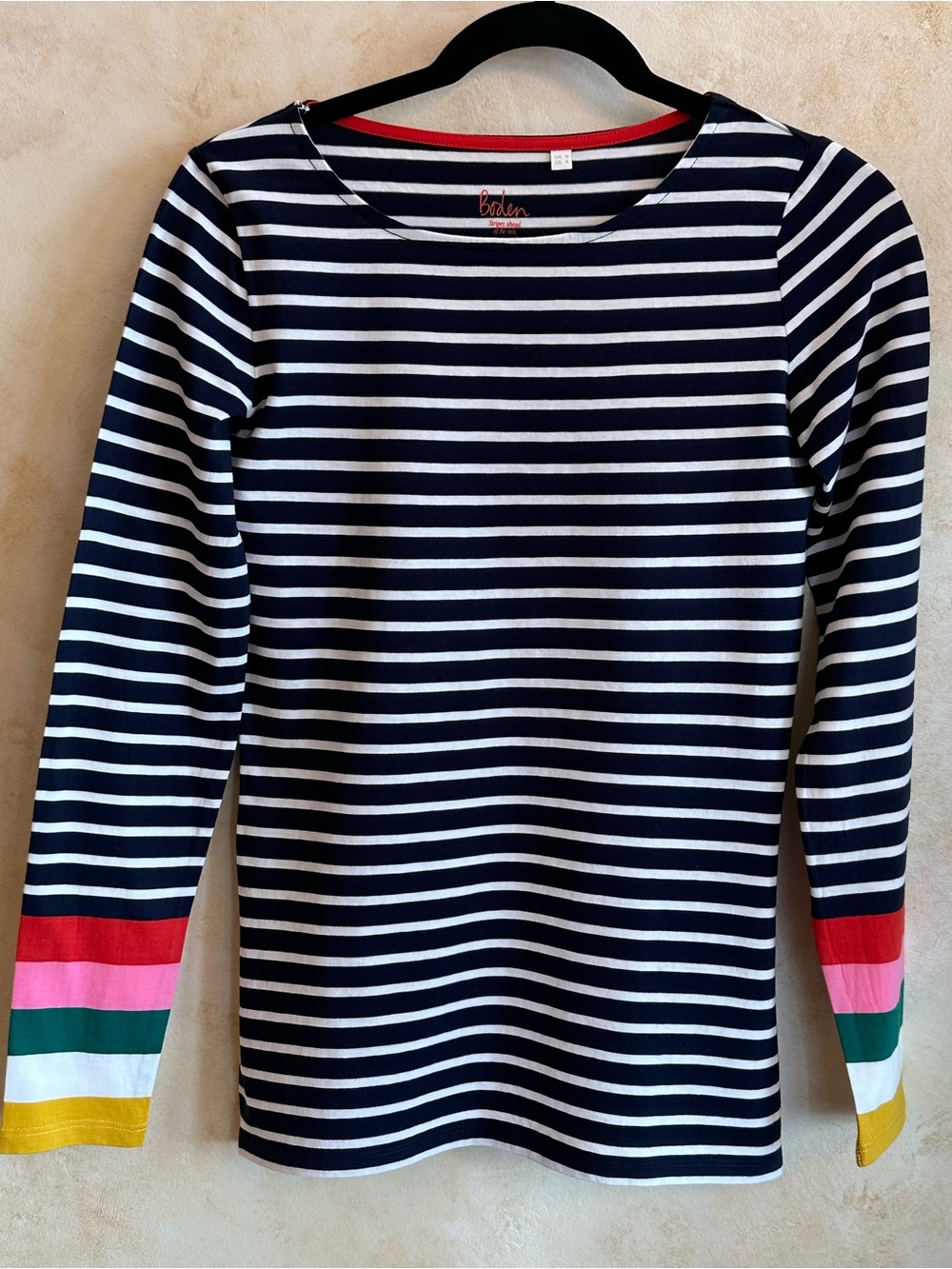 Boden Navy & White Striped Long Sleeve Top with Colorblock Cuffs